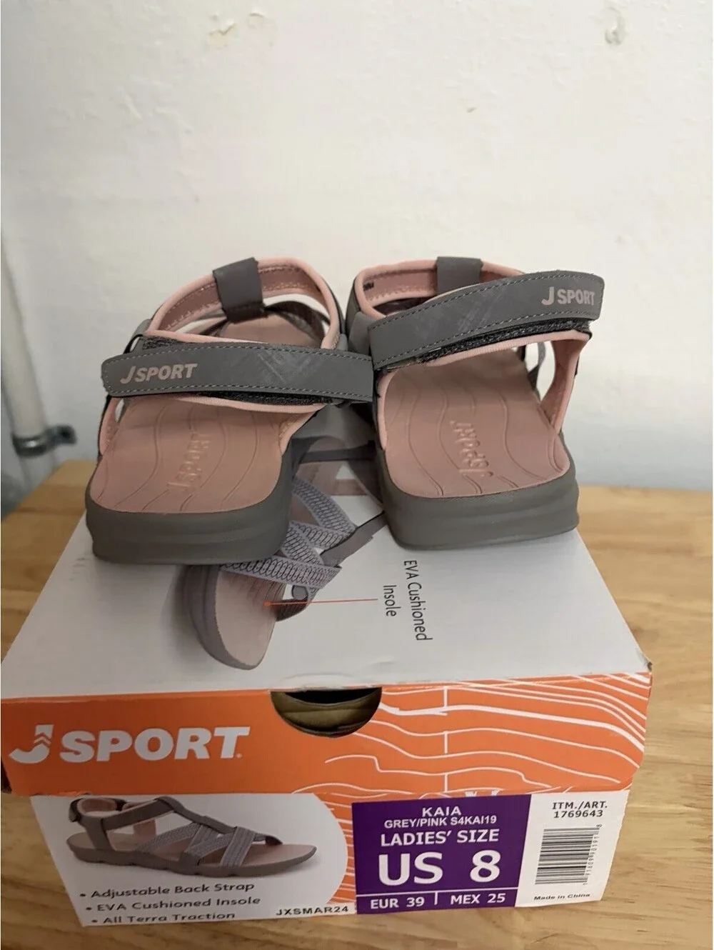 JSport Kaia Sport Sandals Grey/Pink Adjustable Straps NIB - Size 8
